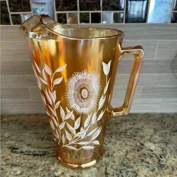Jeanette Marigold Carnival Glass Pitcher White flowers  Iridescent Peach… - Picture 2 of 5